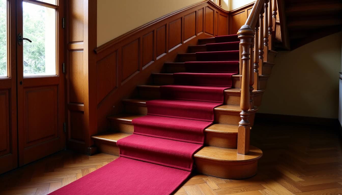 Vue d’un escalier traditionnel dans une maison ancienne à Tavel, escalier en bois avec tapis rouge