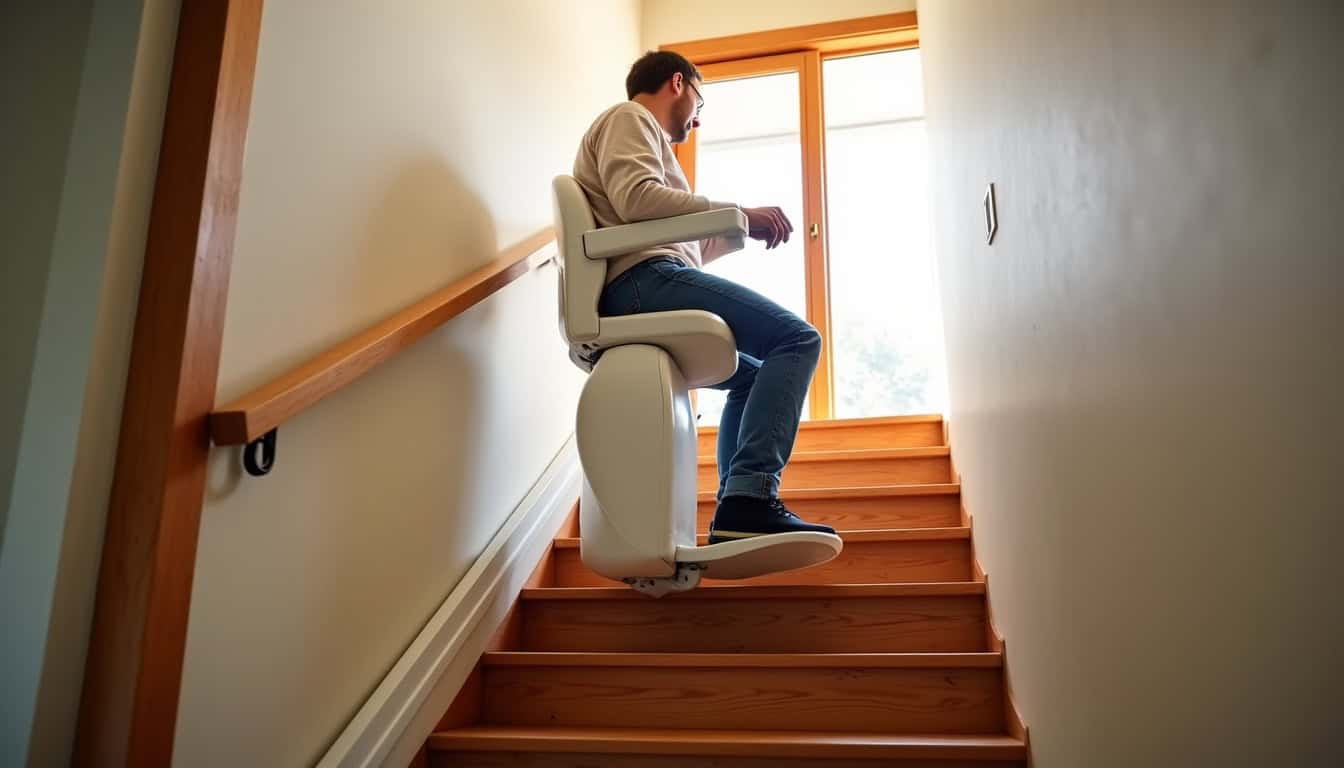 Vue d’un monte-escalier droit en fonctionnement à l’intérieur d’une maison à Sainte-Sigolène