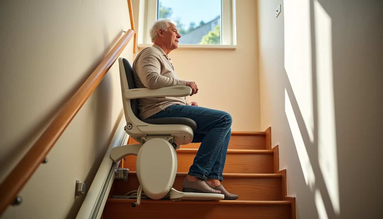 Vue d’un monte-escalier droit en fonctionnement dans une maison à Renwez