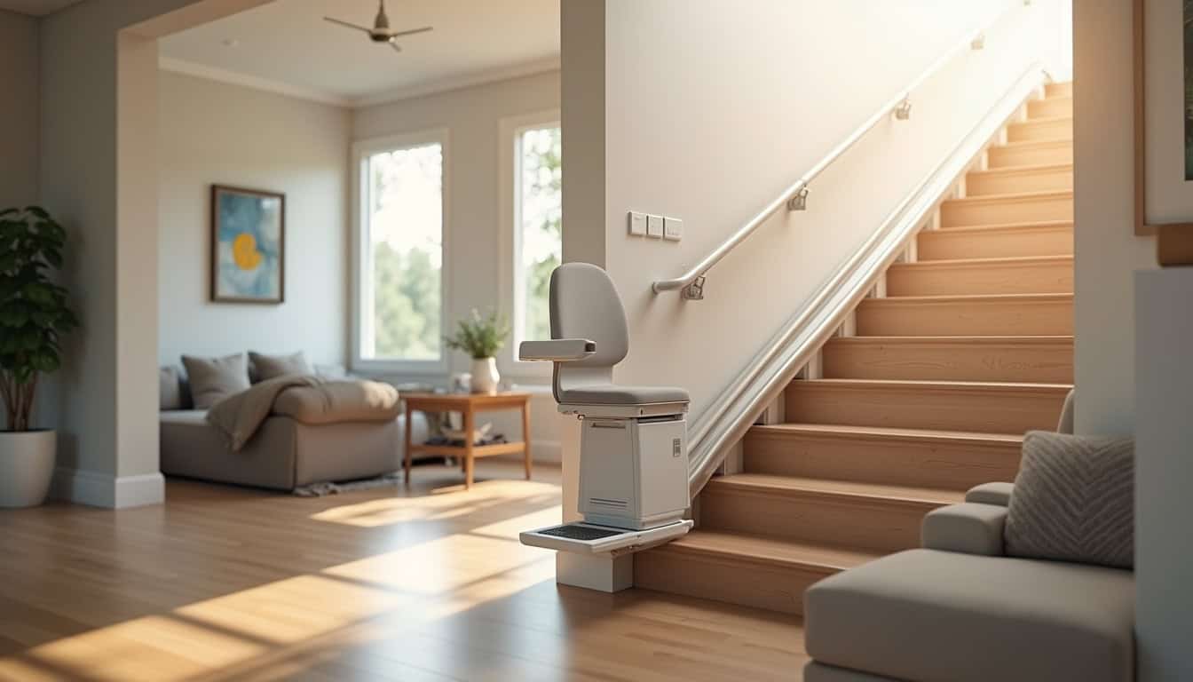 Vue d’un monte-escalier droit installé dans un intérieur moderne à Saint-Médard-de-Mussidan