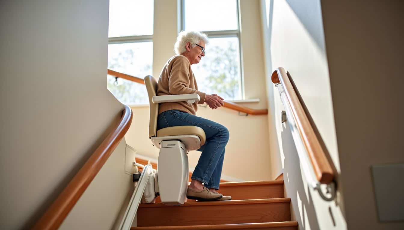 Vue d’un monte-escalier en cours d’utilisation dans une maison de Saint-Sébastien-de-Morsent