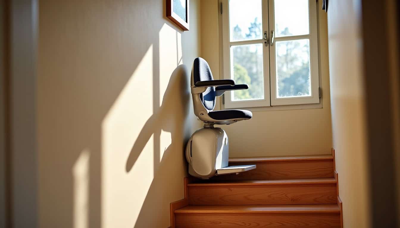 Vue d’un monte-escalier modèle droit installé dans une maison à Saint-Sauveur-des-Landes