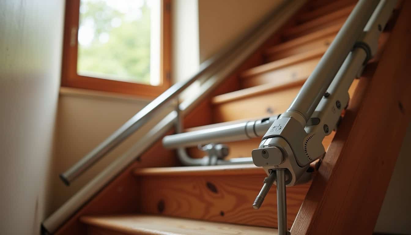 Vue d’un monte-escalier partiellement monté, montrant les composants internes à Pouzac