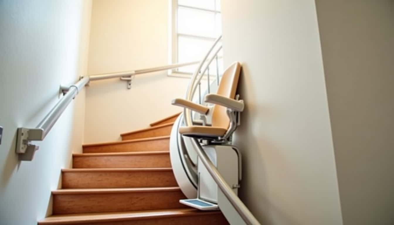 Vue d’un monte-escalier tournant en cours d’utilisation dans un escalier en colimaçon