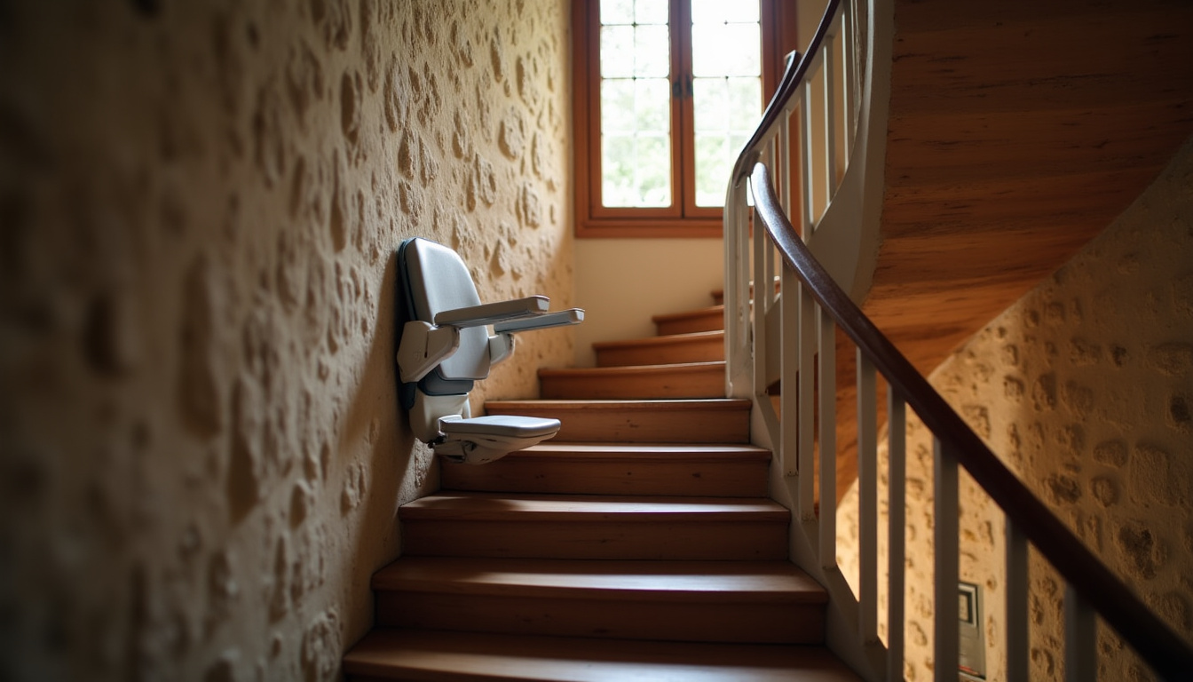 Vue d’un monte-escalier tournant installé dans un escalier en colimaçon à Saint-Jouvent