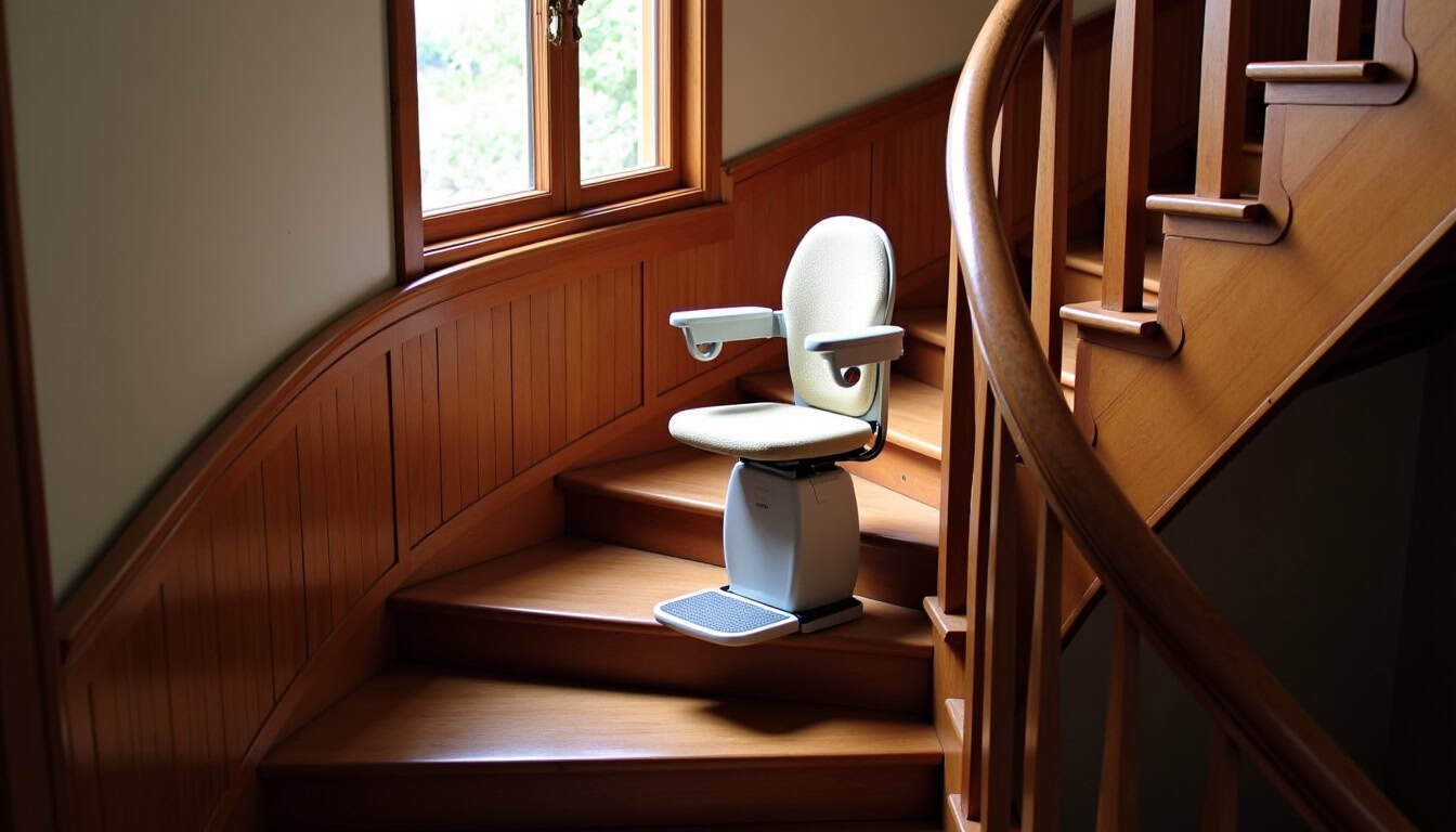 Vue d’un monte-escalier tournant installé dans une maison ancienne de Ségny