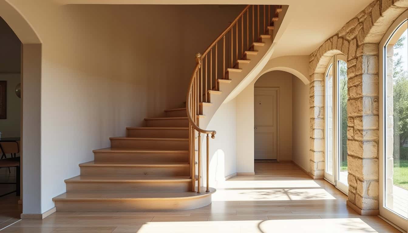 Vue d’un monte-escalier tournant installé dans une villa du Var avec escalier en colimaçon
