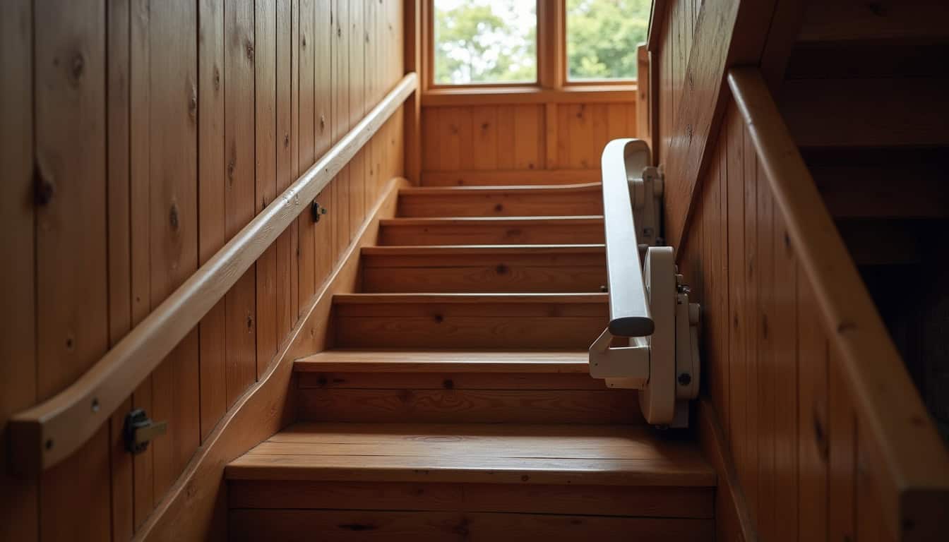 Vue d’un monte-escalier tournant intégré à un escalier ancien, avec lumière douce