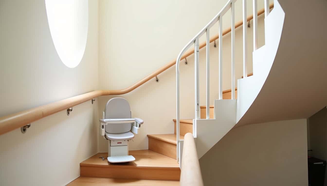 Vue finale d’un monte-escalier tournant installé, discrètement replié contre le mur
