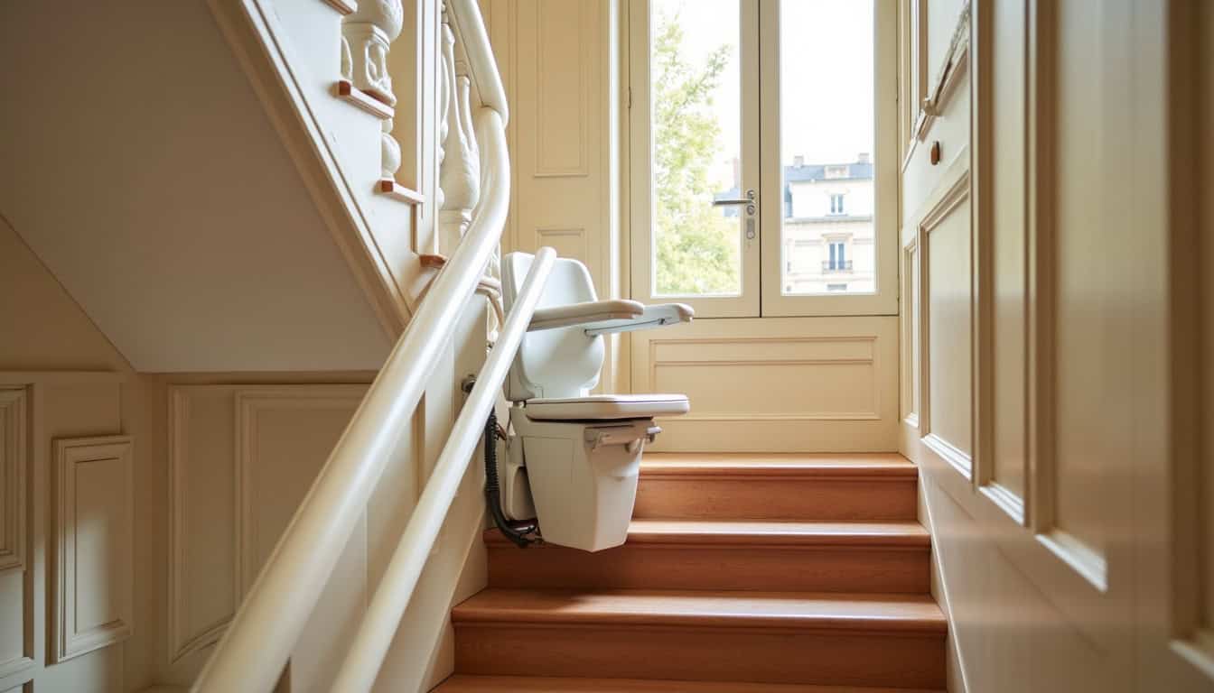 Vue intérieure d’un monte-escalier droit installé dans un immeuble haussmannien à Paris