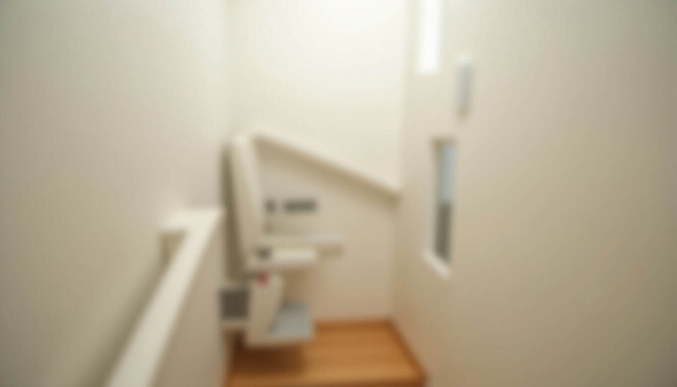 Vue intérieure d’un monte-escalier en fonctionnement, montrant le rail, le siège et les composants techniques