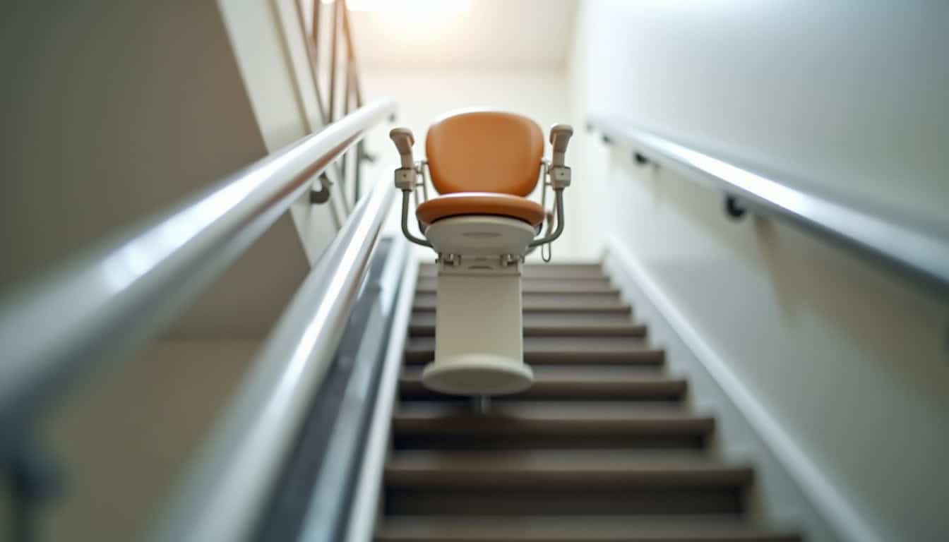 Vue intérieure d’un monte-escalier en fonctionnement sur un escalier droit