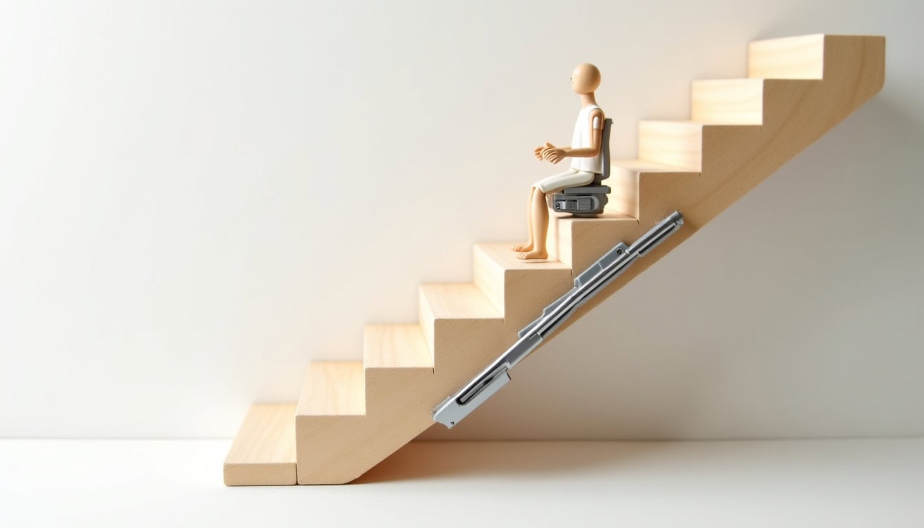 Vue schématique du fonctionnement d’un monte-escalier: rail fixé sur les marches, siège motorisé en mouvement, commandes situées sur l’accoudoir