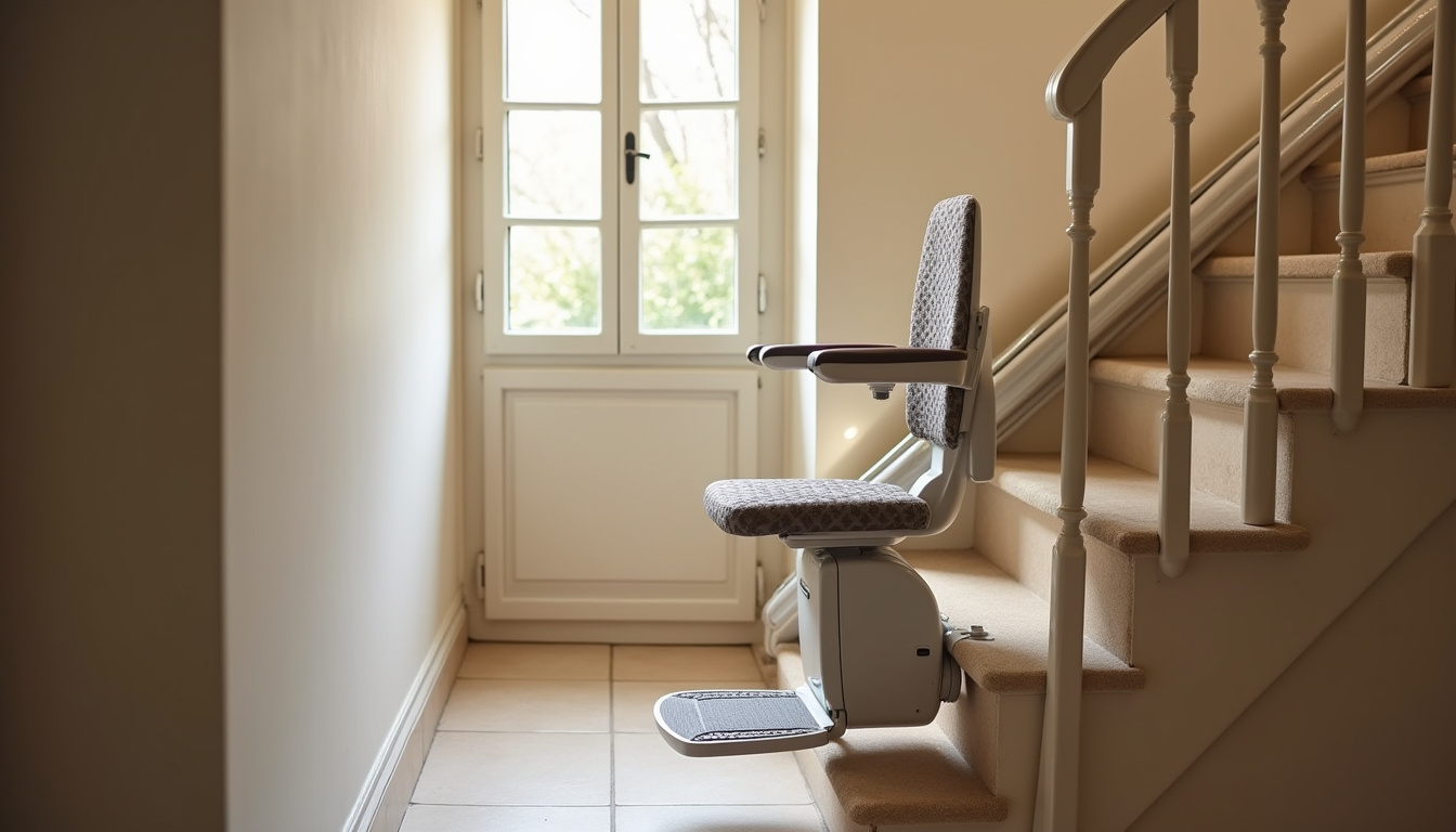 Chaise monte-escalier repliée contre le mur dans un escalier à Castres