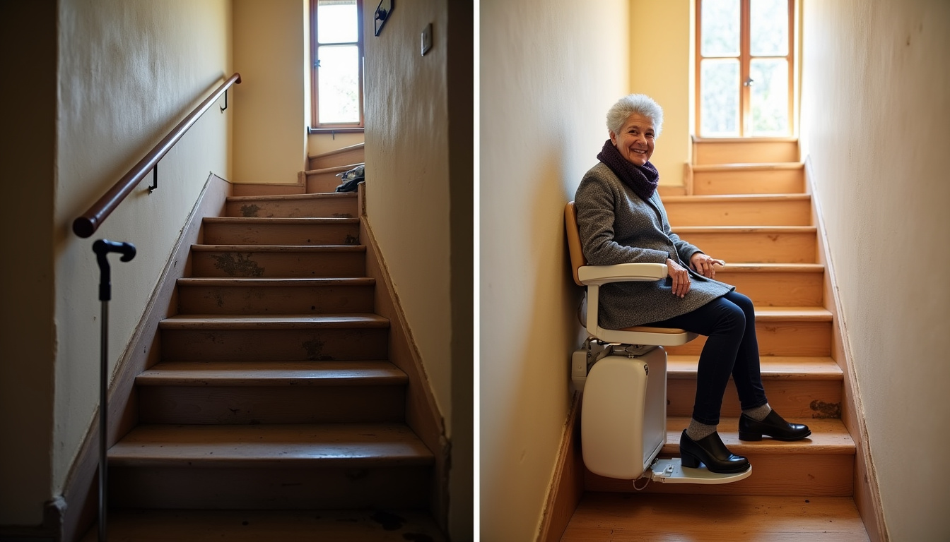 Comparaison avant-après de l’installation d’un monte-escalier à Mittelhausbergen, montrant l’accessibilité retrouvée