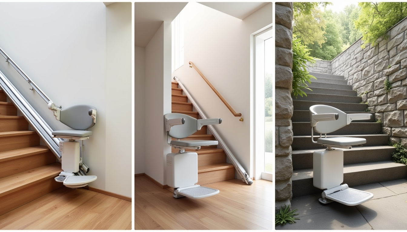 Comparaison des différents modèles de monte-escaliers installés à Connaux: droit, tournant et extérieur
