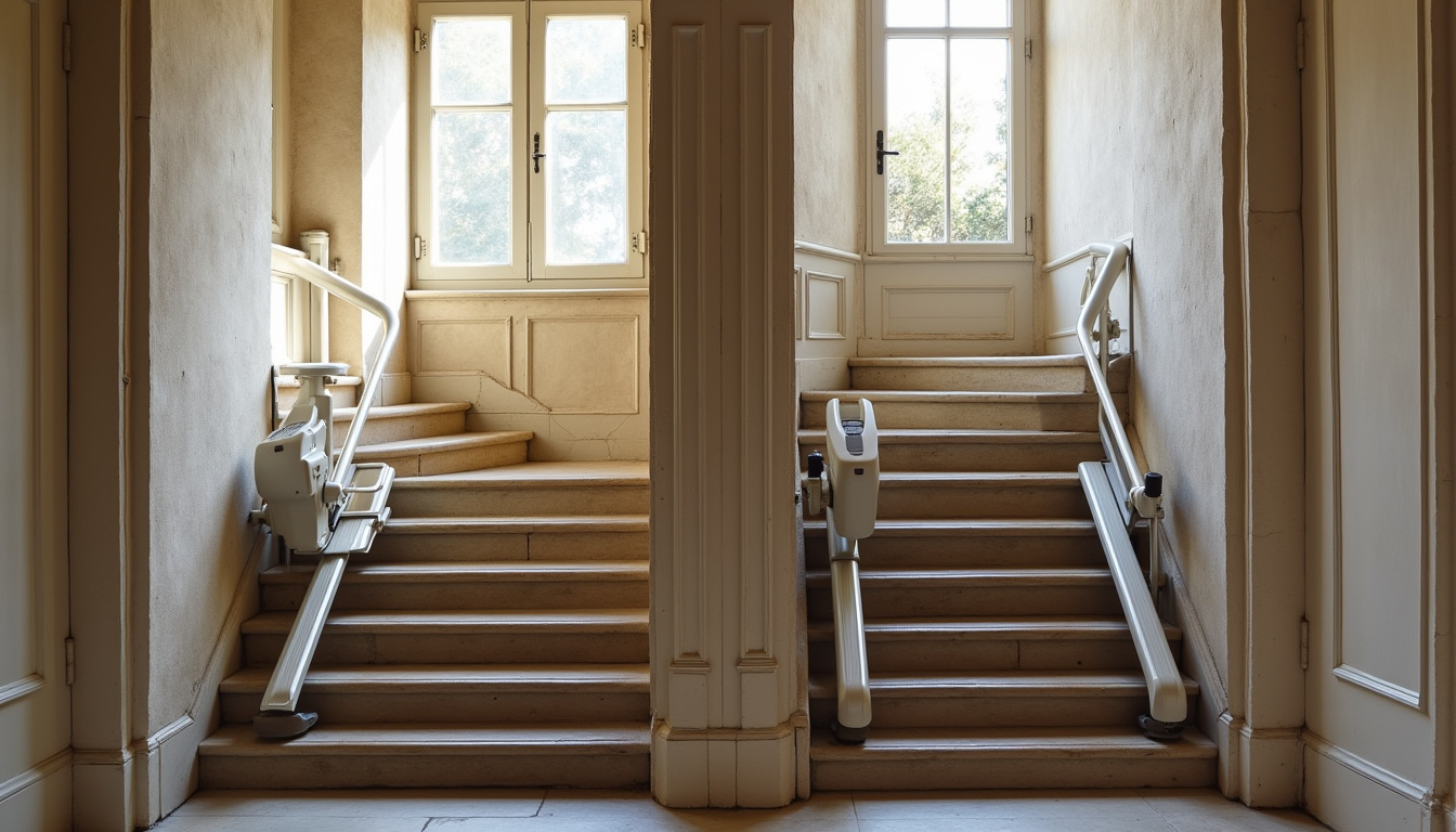 Comparaison entre un monte-escalier droit et un modèle tournant installé dans une maison ancienne