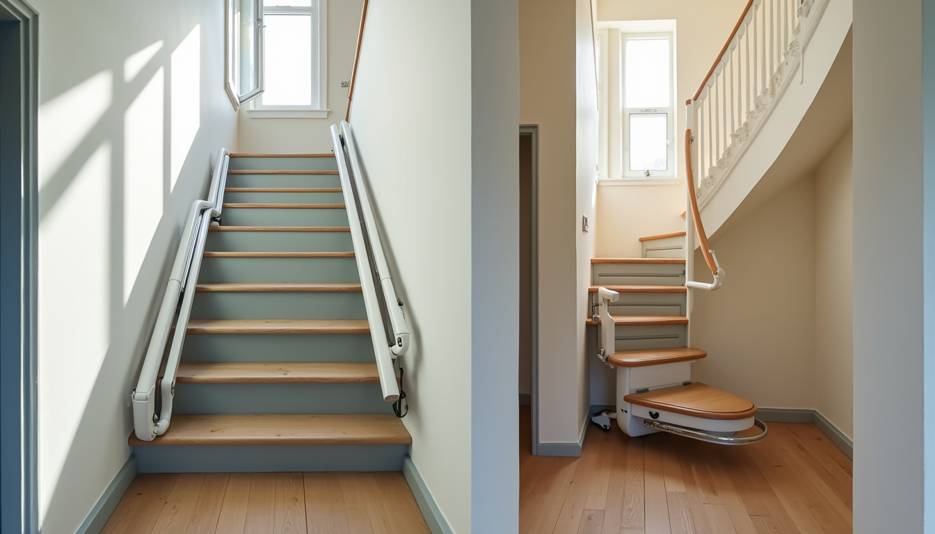 Comparaison entre un monte escalier droit et un modèle tournant installé dans une maison bretonne