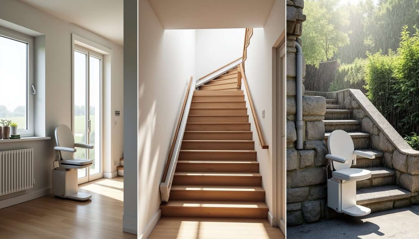 Comparaison visuelle des différents types de monte-escalier installés à Louplande: droit, tournant et extérieur