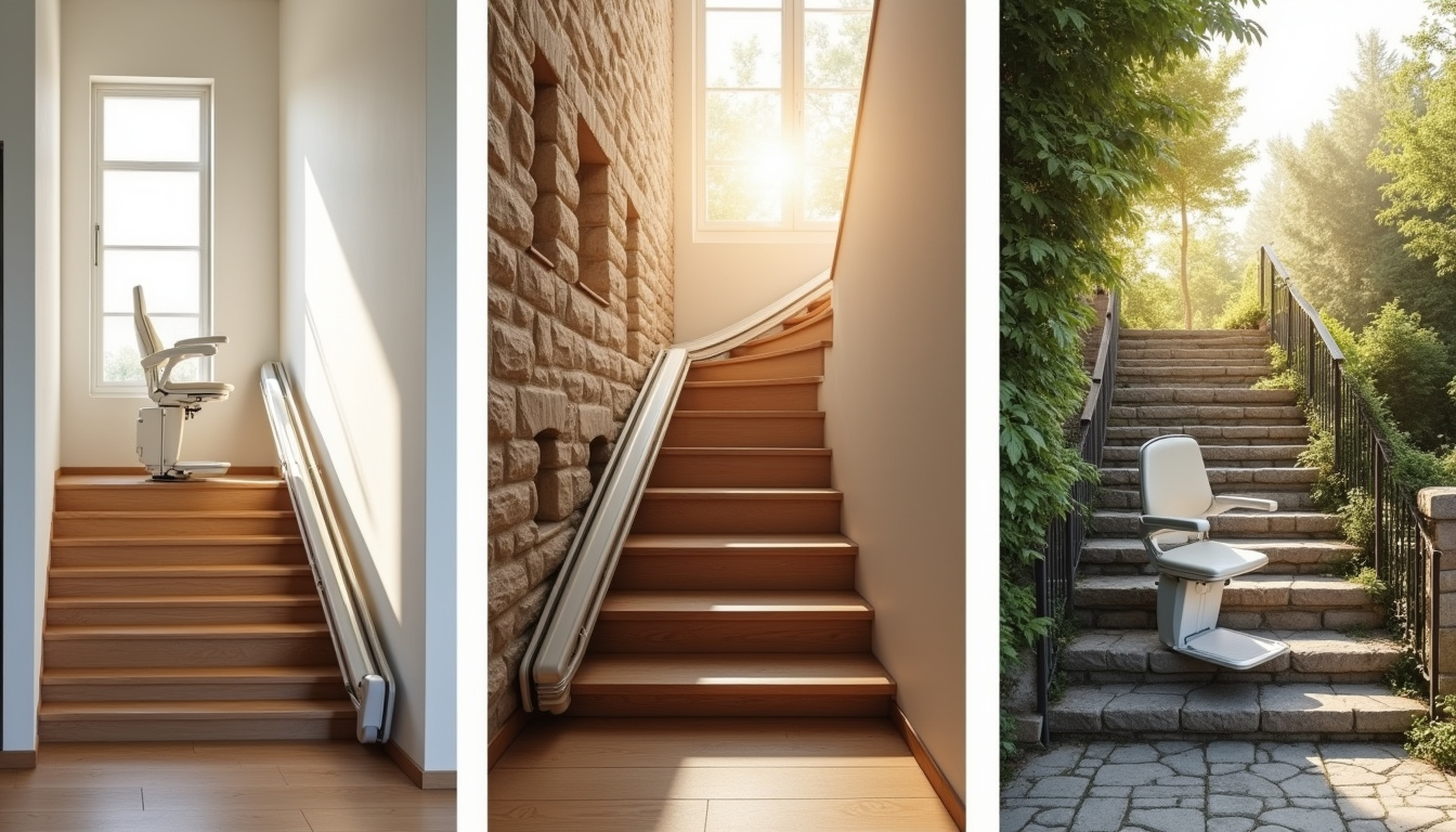 Comparaison visuelle des différents types de monte-escaliers: droit, tournant et extérieur, installés dans des configurations réelles