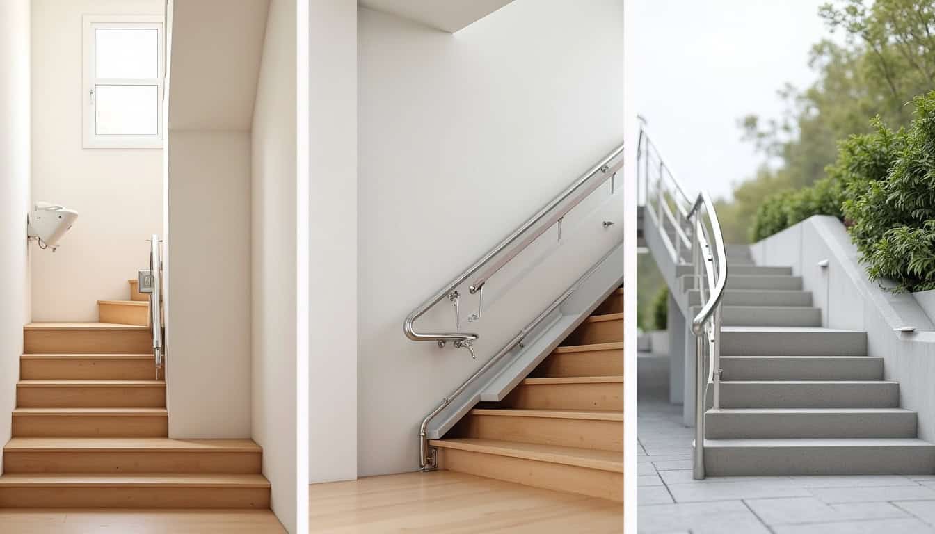 Comparaison visuelle des différents types de monte-escaliers: droit, tournant et extérieur
