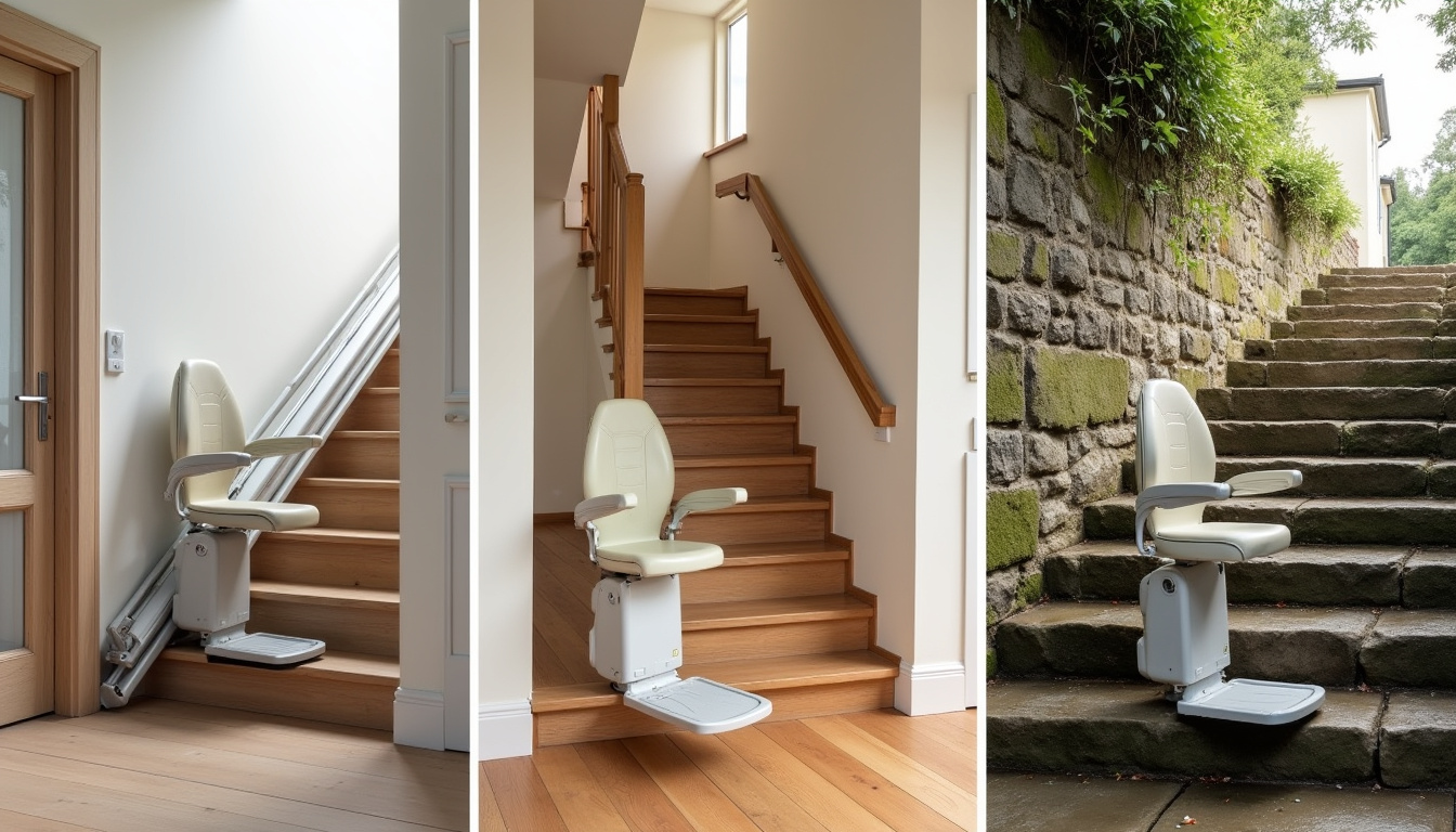 Comparaison visuelle des différents types de monte-escaliers installés à Robecq: droit, tournant et extérieur
