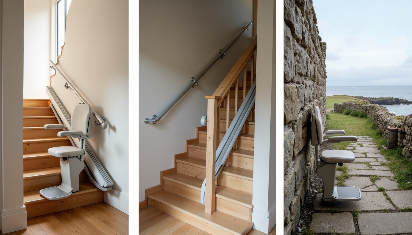Comparaison visuelle entre un monte-escalier droit, courbe et extérieur installés dans des habitations de Mouazé