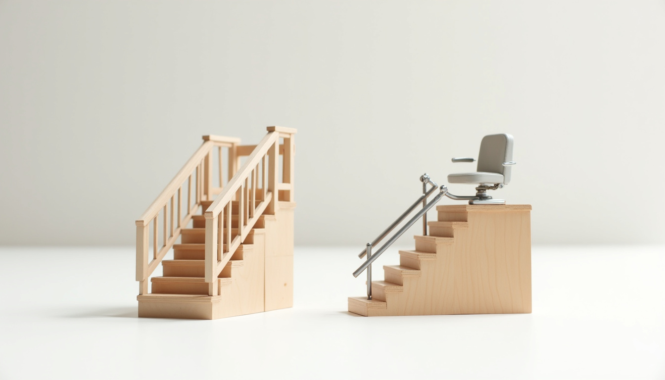Comparaison visuelle entre un monte-escalier droit et un modèle tournant adapté à un escalier avec virage