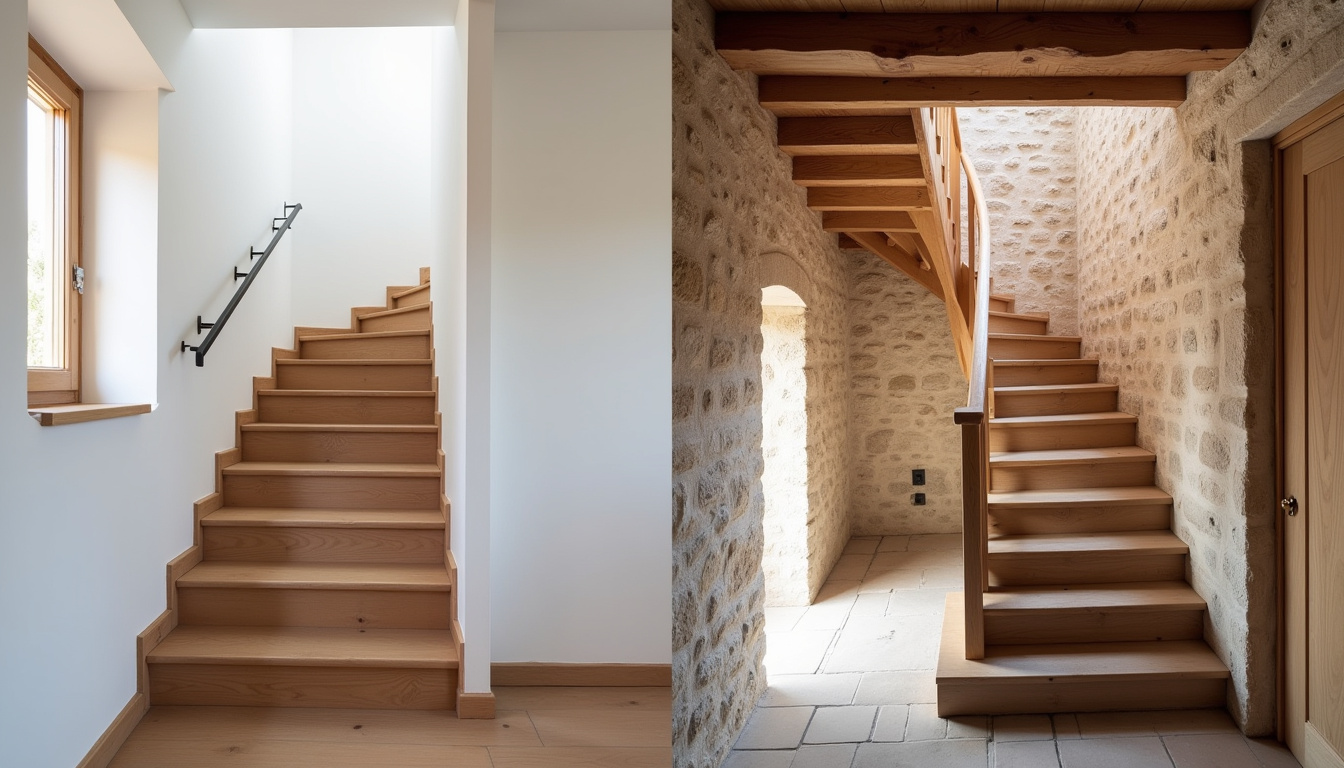 Comparaison visuelle entre un monte-escalier droit et un modèle tournant dans une maison typique de Barraux