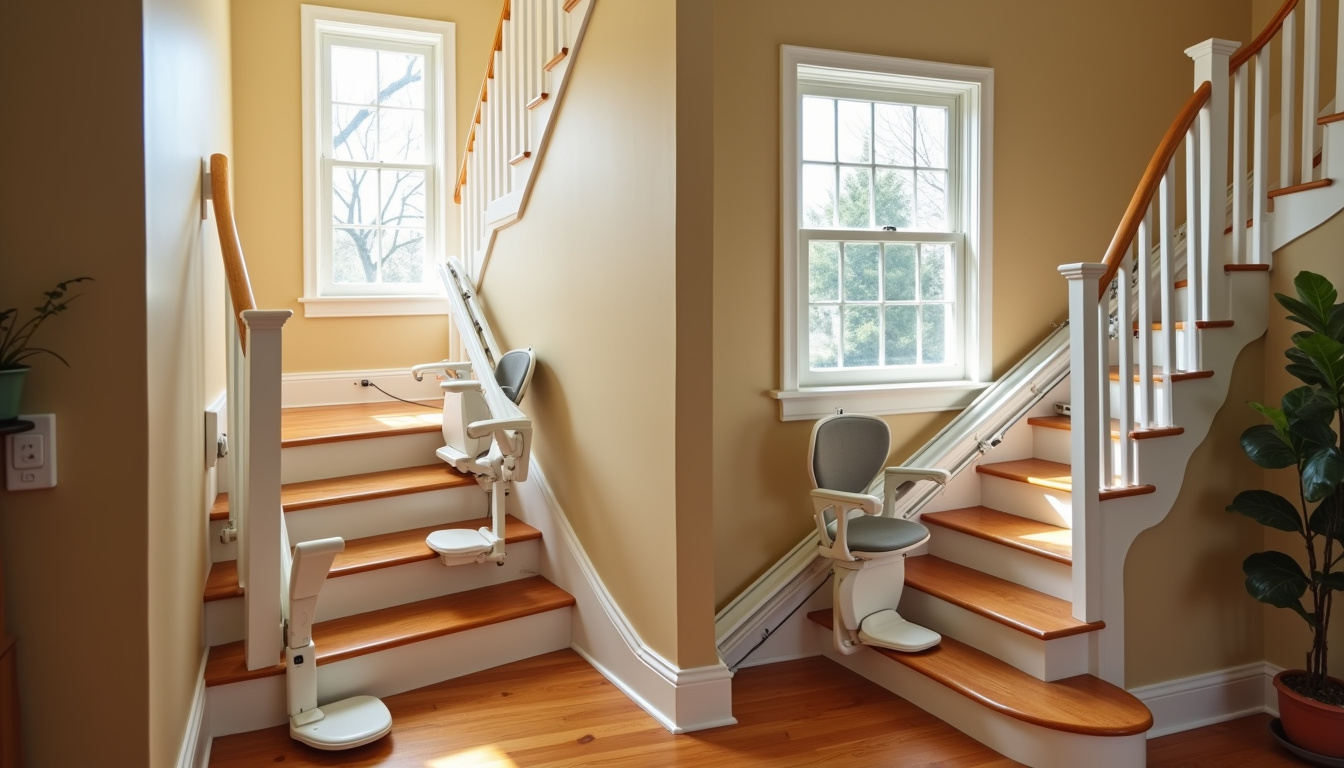 Comparaison visuelle entre un monte-escalier droit et un modèle tournant en situation réelle dans un domicile