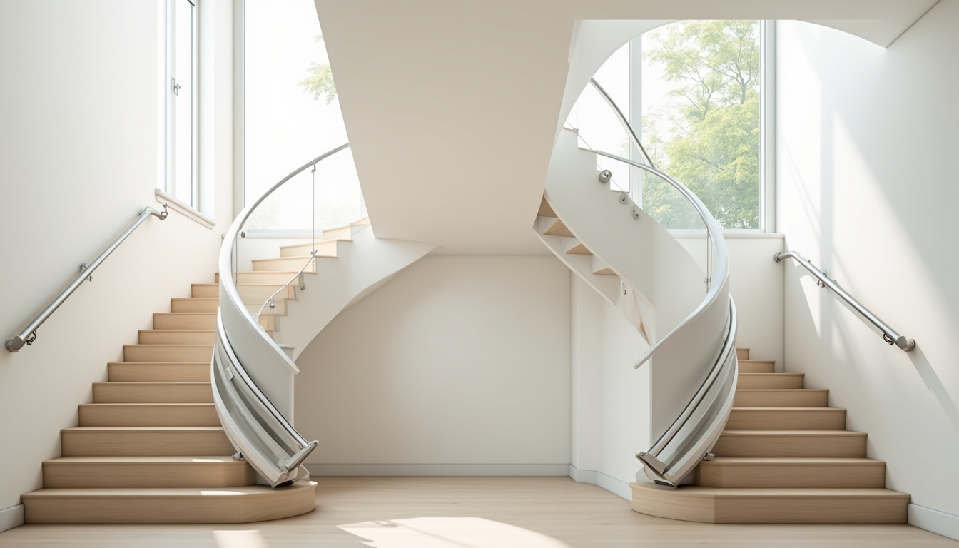 Comparaison visuelle entre un monte-escalier droit et un modèle tournant installé dans une maison