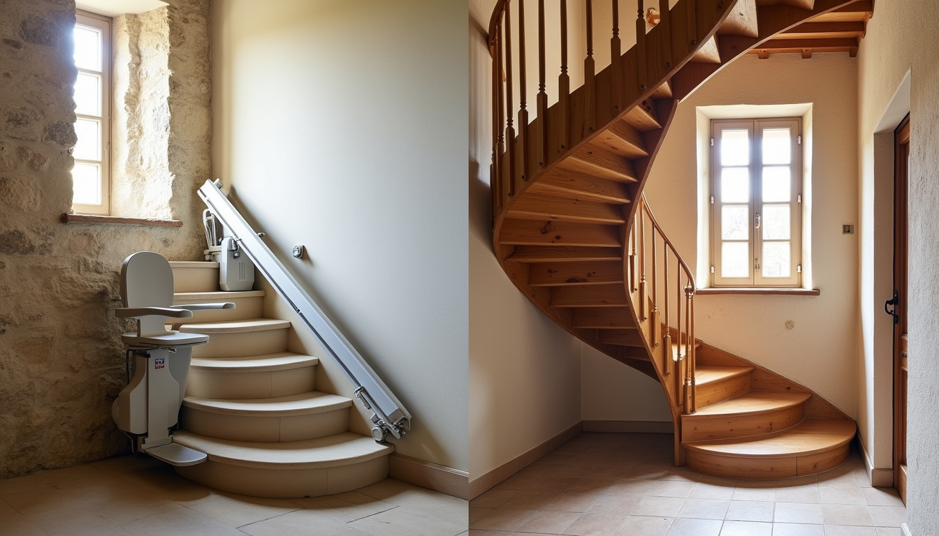 Comparaison visuelle entre un monte-escalier droit et un monte-escalier tournant en Nièvre