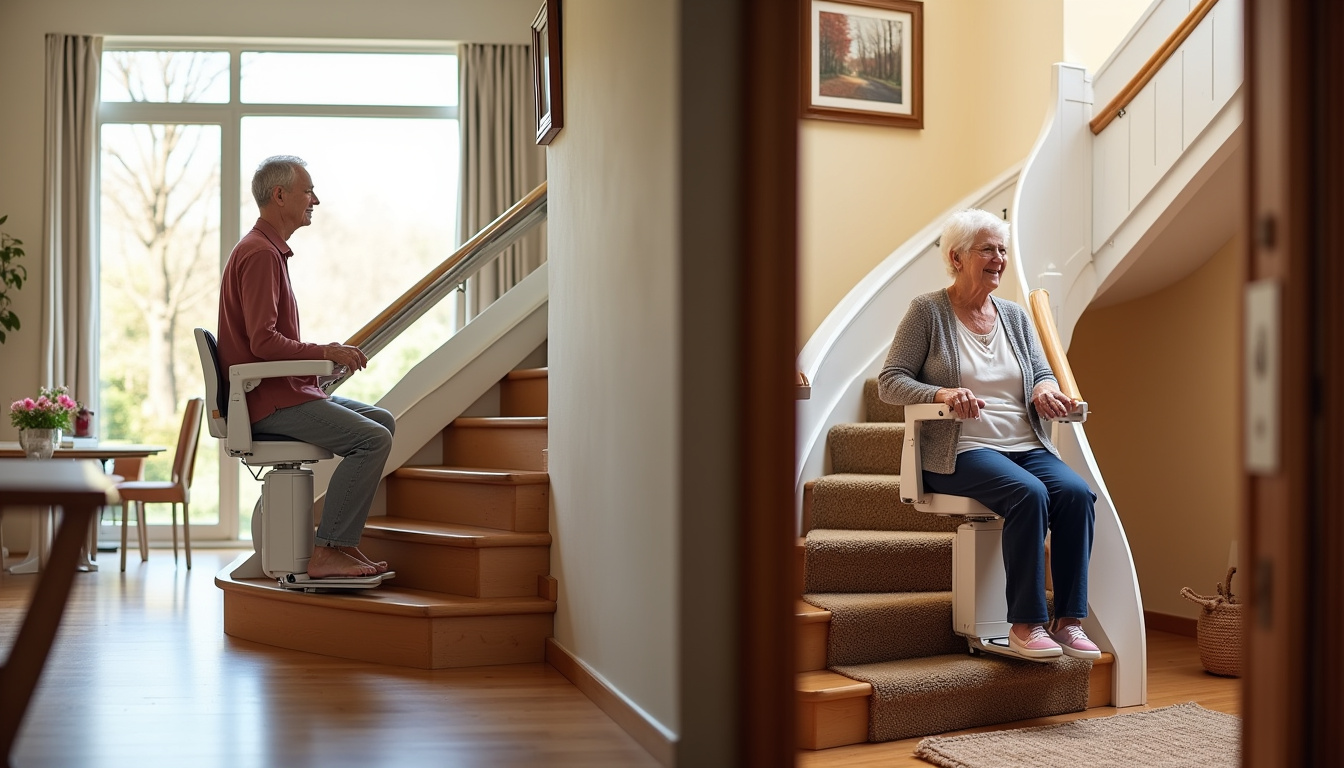 Comparaison visuelle entre un monte-escalier droit et un monte-escalier tournant installé dans des foyers de Quetigny