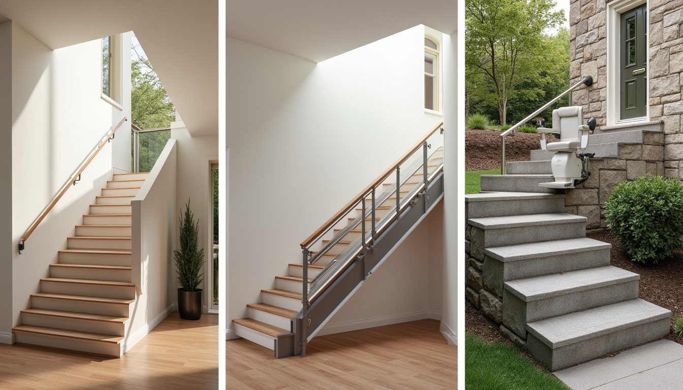 Comparatif visuel des différents types de monte-escaliers: droit, tournant et extérieur