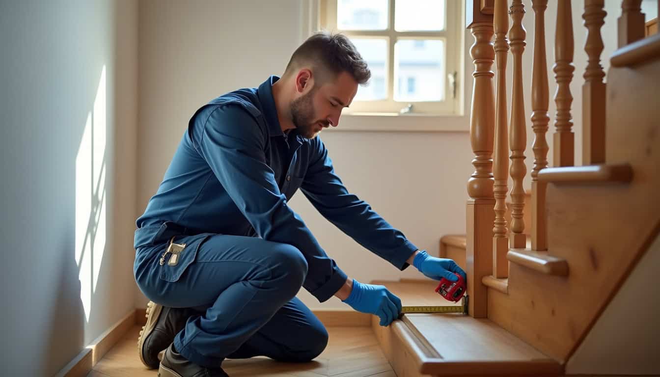 Conseiller technique en train de mesurer un escalier lors d