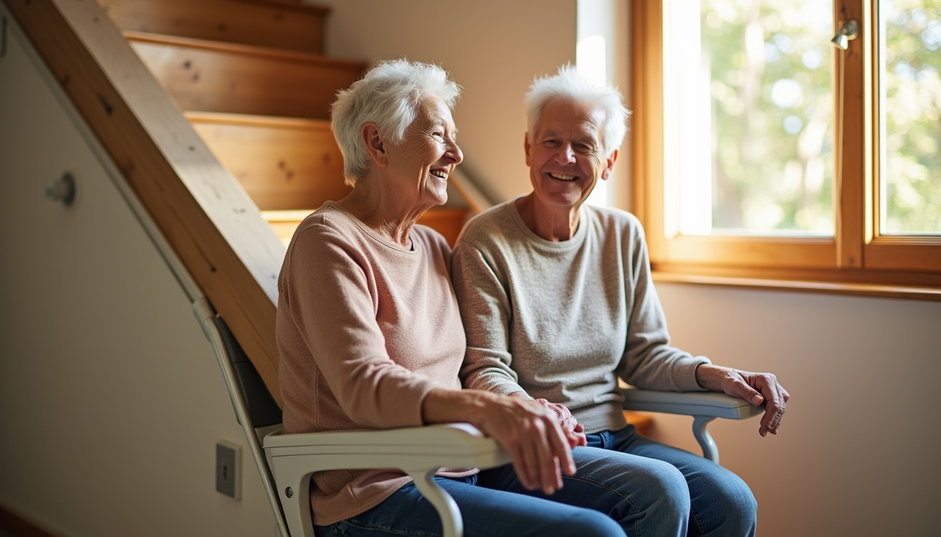 Couple de seniors utilisant un monte-escalier dans leur maison à Saint-Quentin-Fallavier