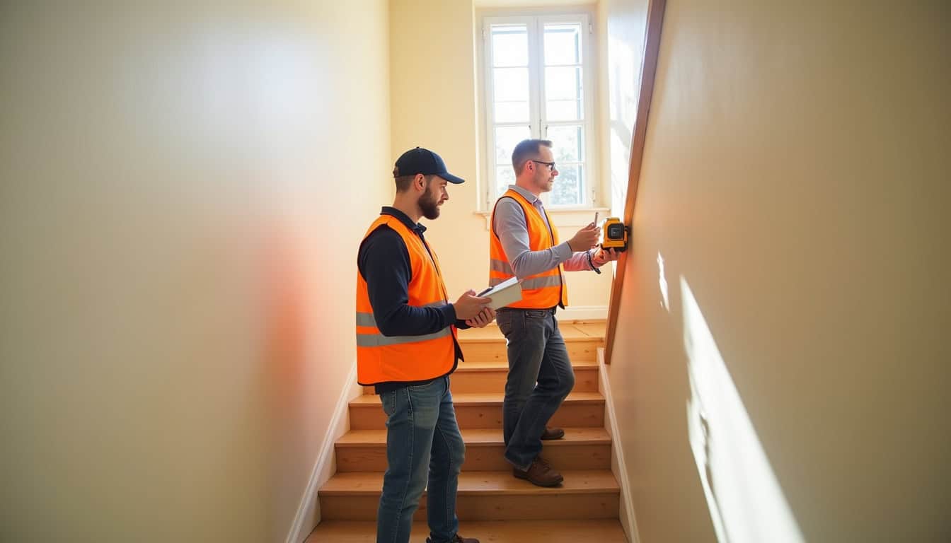 Deux techniciens en train de mesurer un escalier pour un devis à Saint-Sulpice-et-Cameyrac