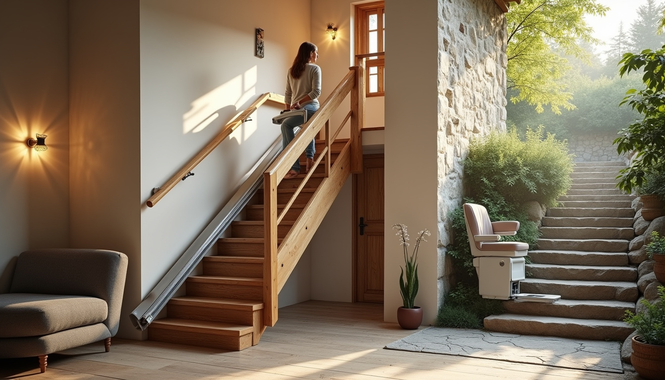 Différents modèles de monte-escalier: droit, tournant et extérieur en situation réelle
