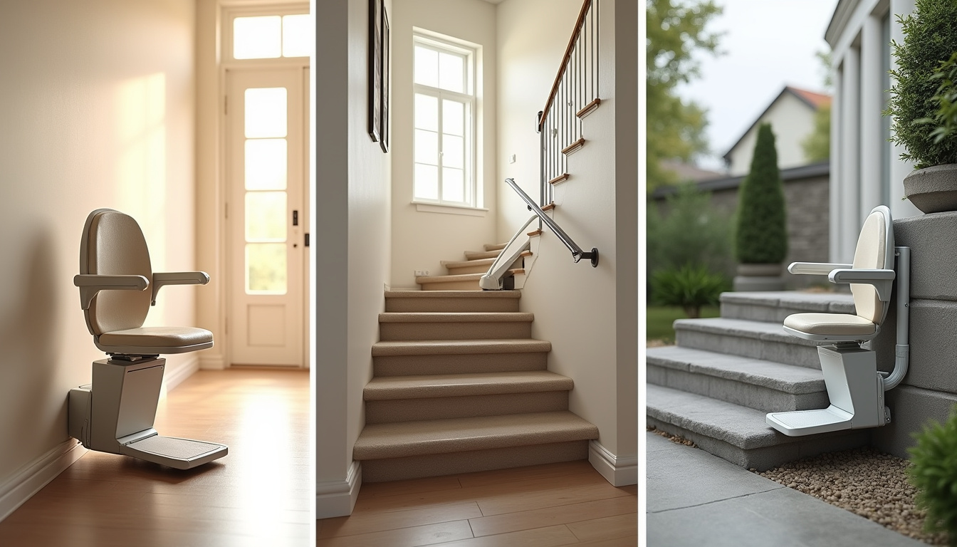 Différents modèles de monte-escalier en situation: droit, tournant et extérieur