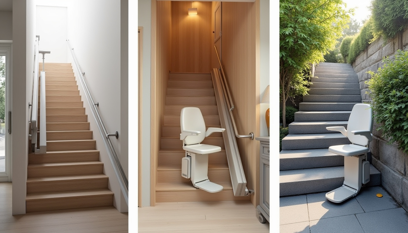 Différents modèles de monte-escalier installés à Le Tholonet: droit, tournant et extérieur