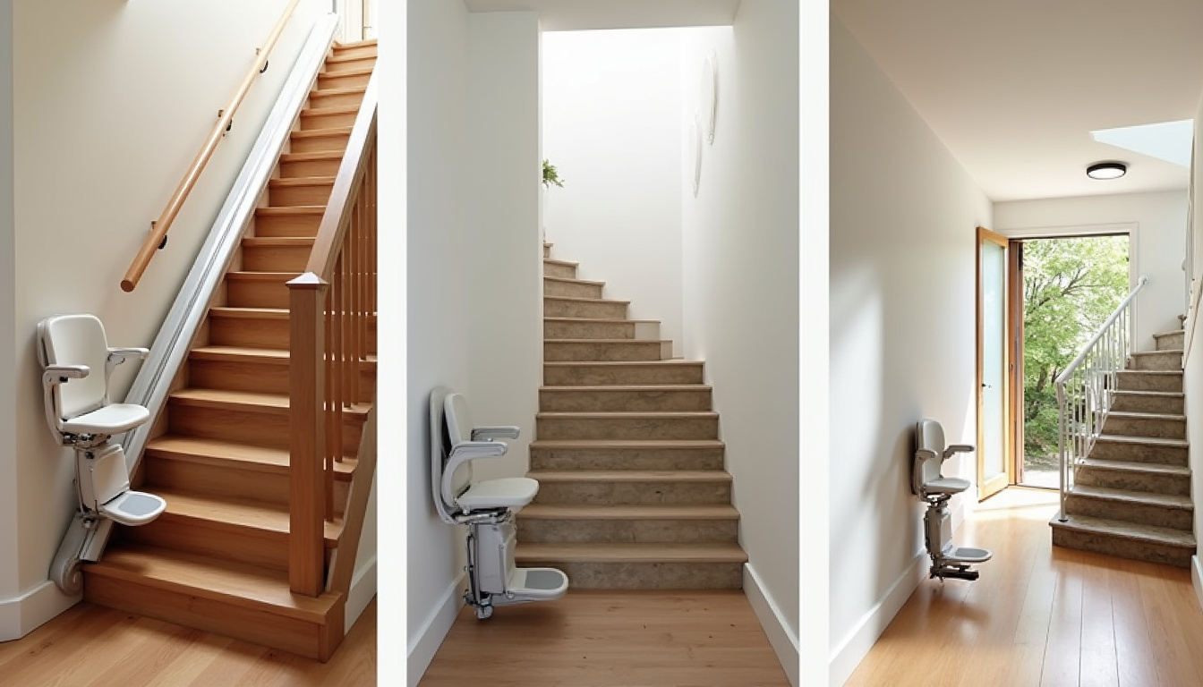 Différents modèles de monte-escalier installés à Saint-Georges-de-Reneins: droit, tournant, extérieur et debout