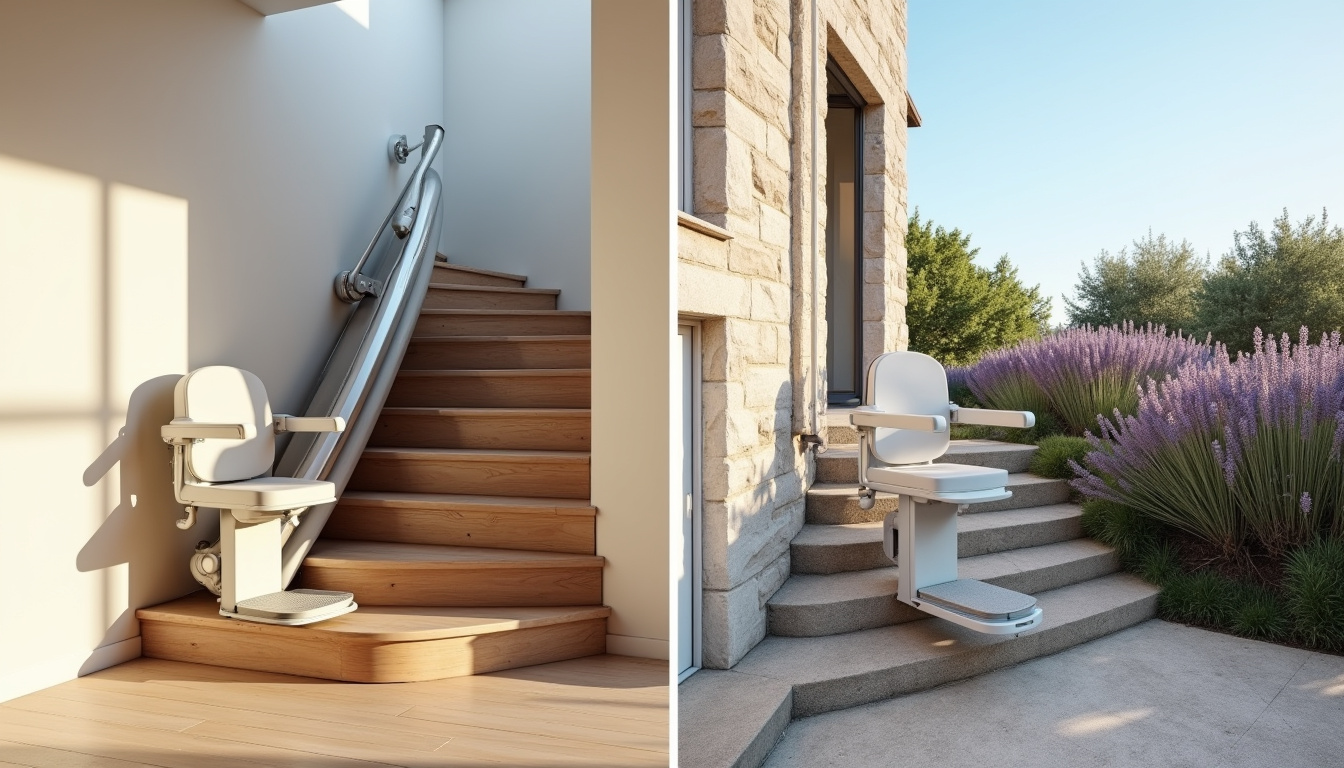 Différents modèles de monte-escaliers droit, courbe et extérieur installés à Les Mées