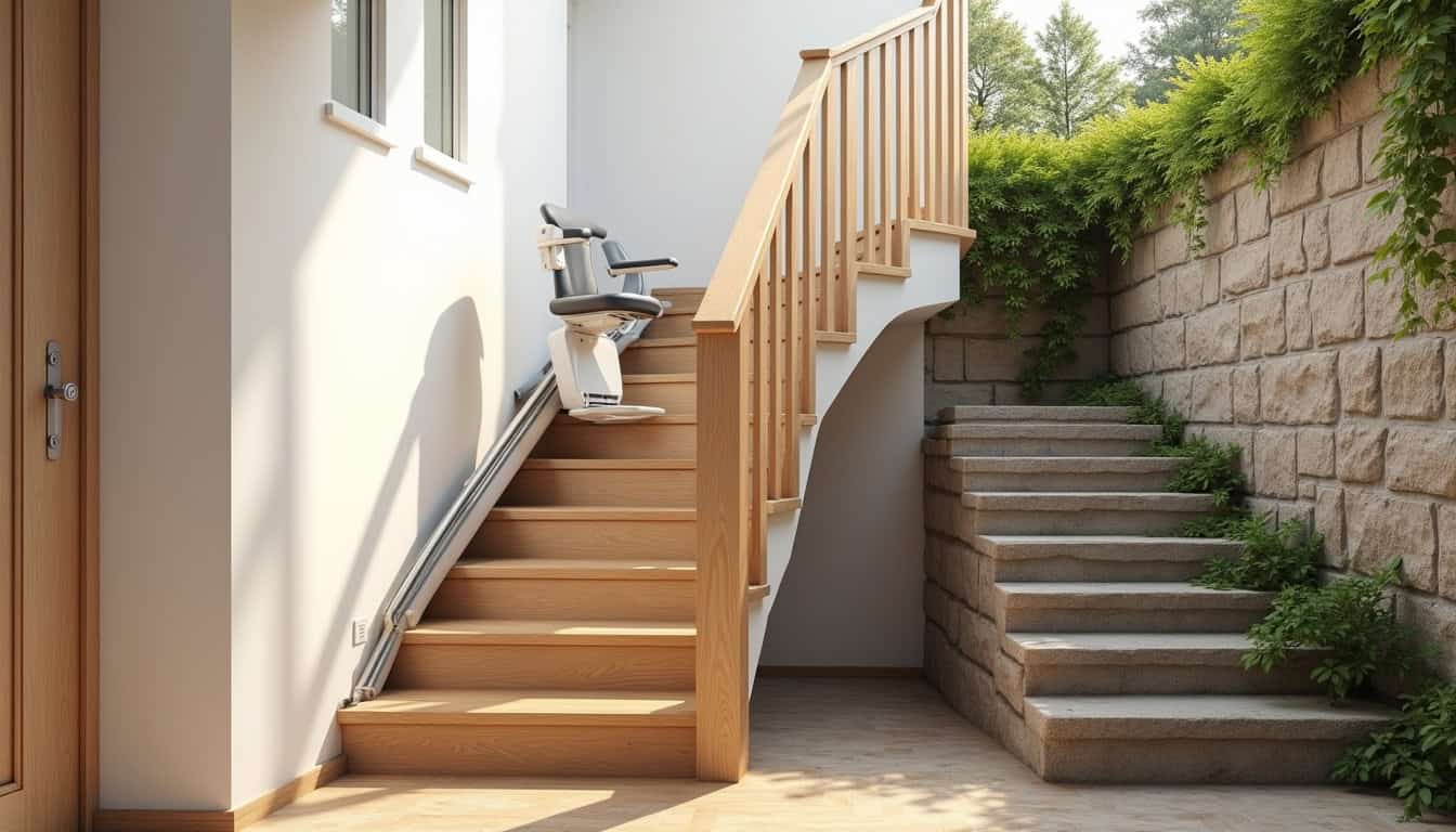 Différents modèles de monte-escaliers: droit, tournant et extérieur, posés sur un escalier à Saint-Laurent-des-vignes
