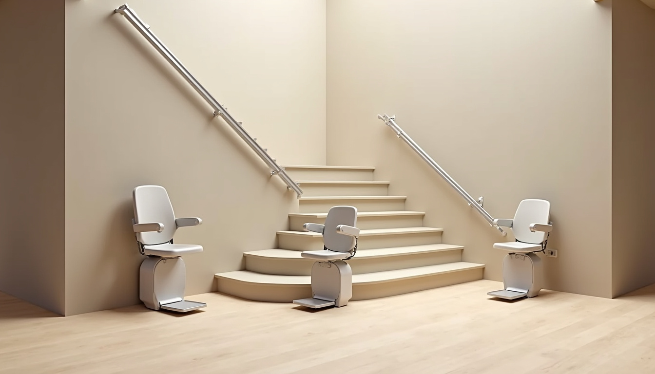 Différents modèles de monte-escaliers exposés dans un showroom, montrant les variations de design et de fonctionnalités