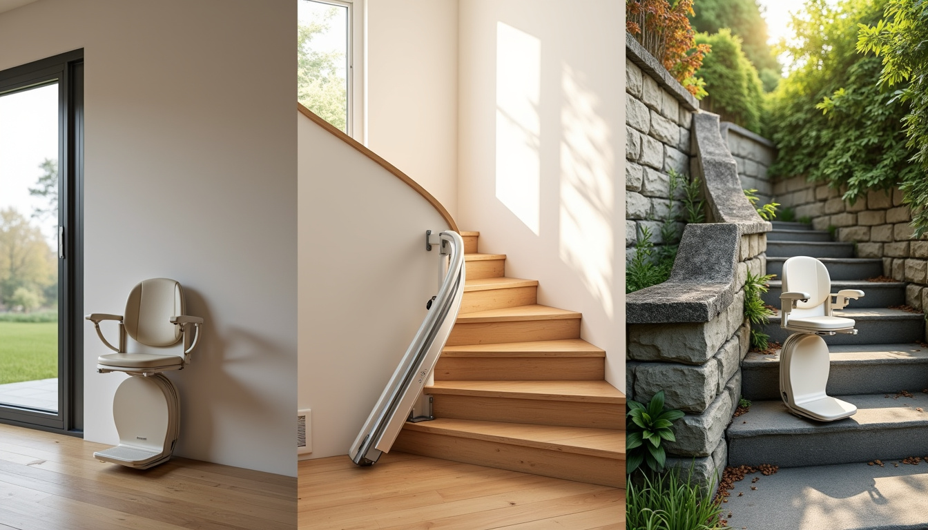 Différents modèles de monte-escaliers installés à Buc: droit, tournant, extérieur