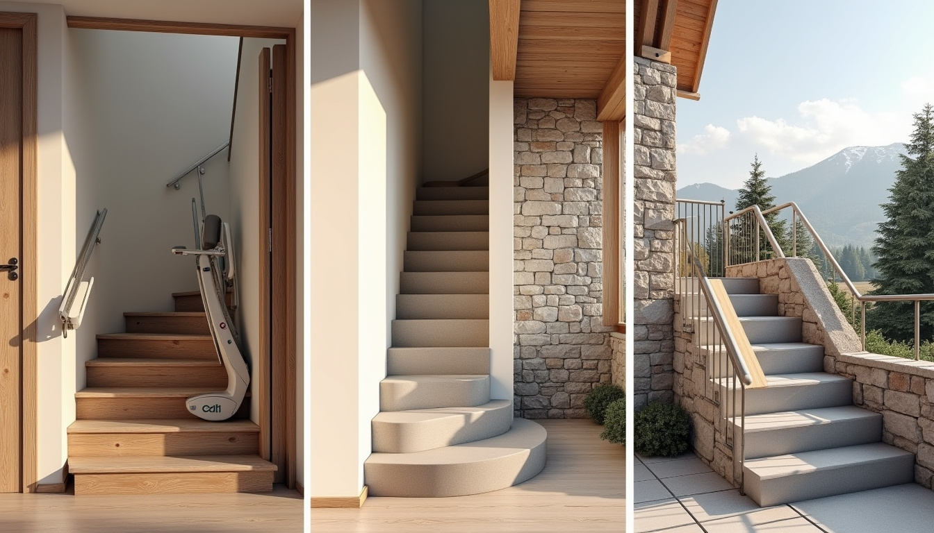 Différents modèles de monte-escaliers installés à Campan: droit, tournant et extérieur