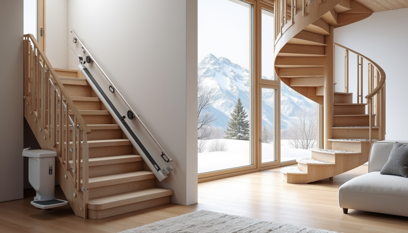 Différents modèles de monte-escaliers installés à Chamonix-Mont-Blanc, y compris droit, tournant et extérieur