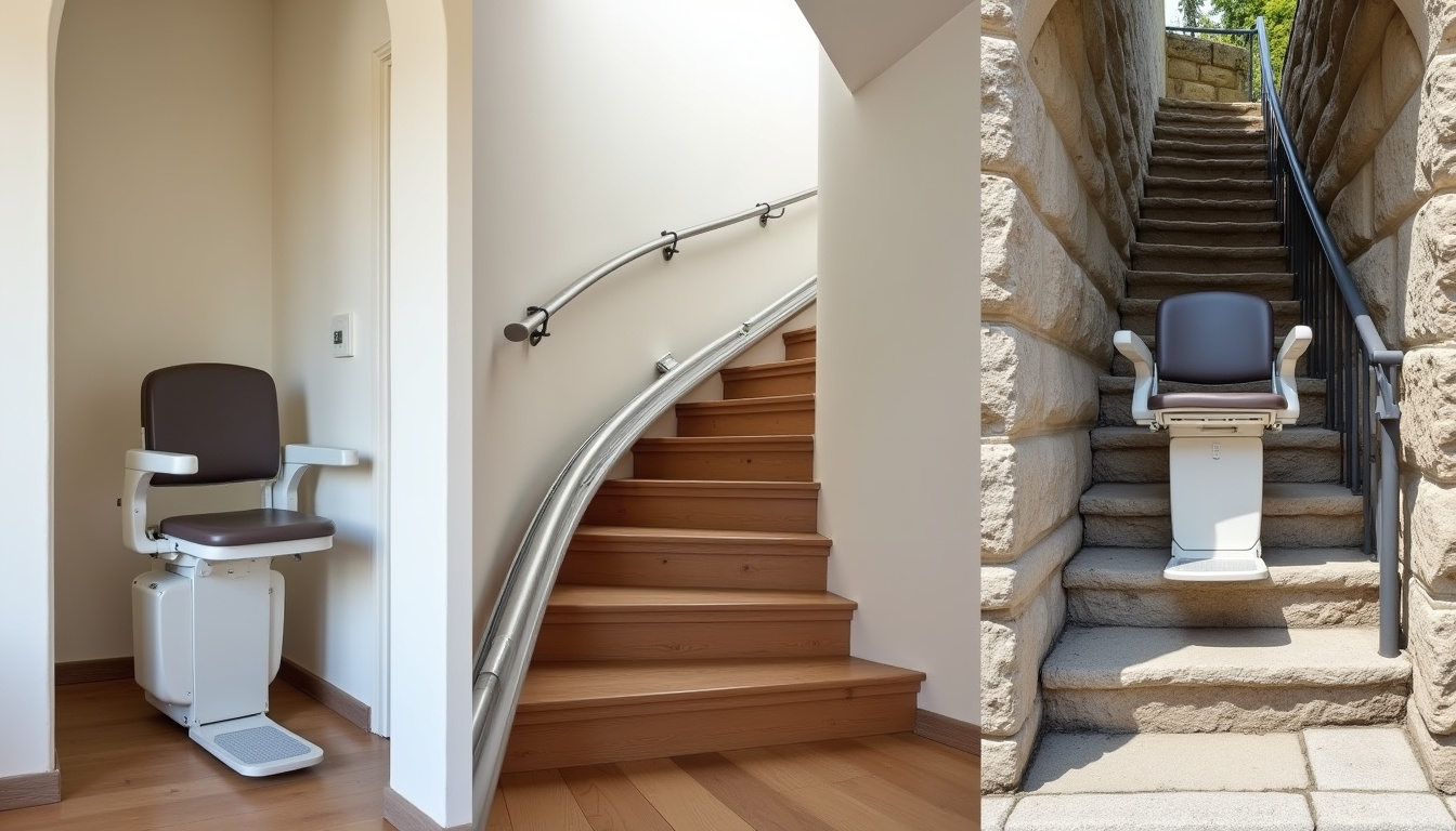 Différents modèles de monte-escaliers installés à Coësmes: droit, tournant et extérieur