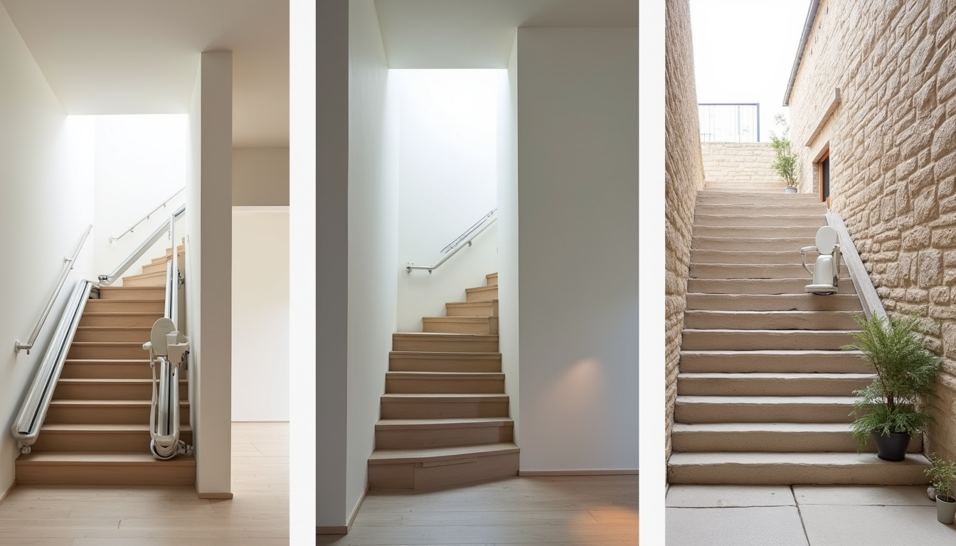 Différents modèles de monte-escaliers installés à Feyzin: droit, tournant et extérieur