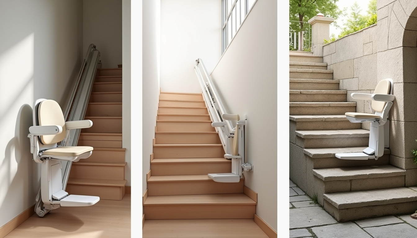 Différents modèles de monte-escaliers installés à Les Matelles: droit, tournant et extérieur